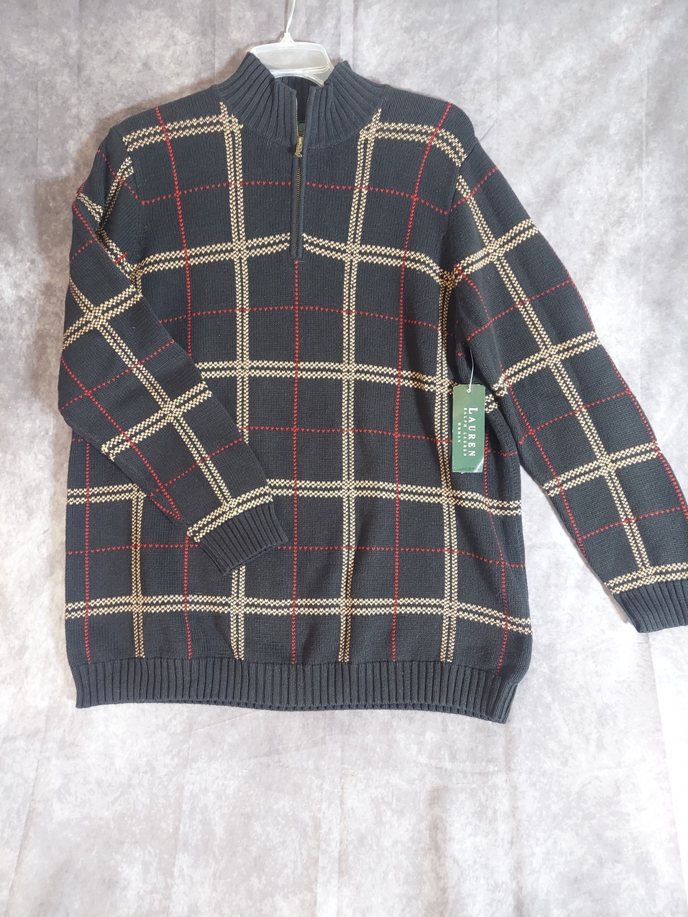 Lauren Ralph Lauren Woman Navy Plaid Quarter-Zip Cotton Sweater NWT Size 1X